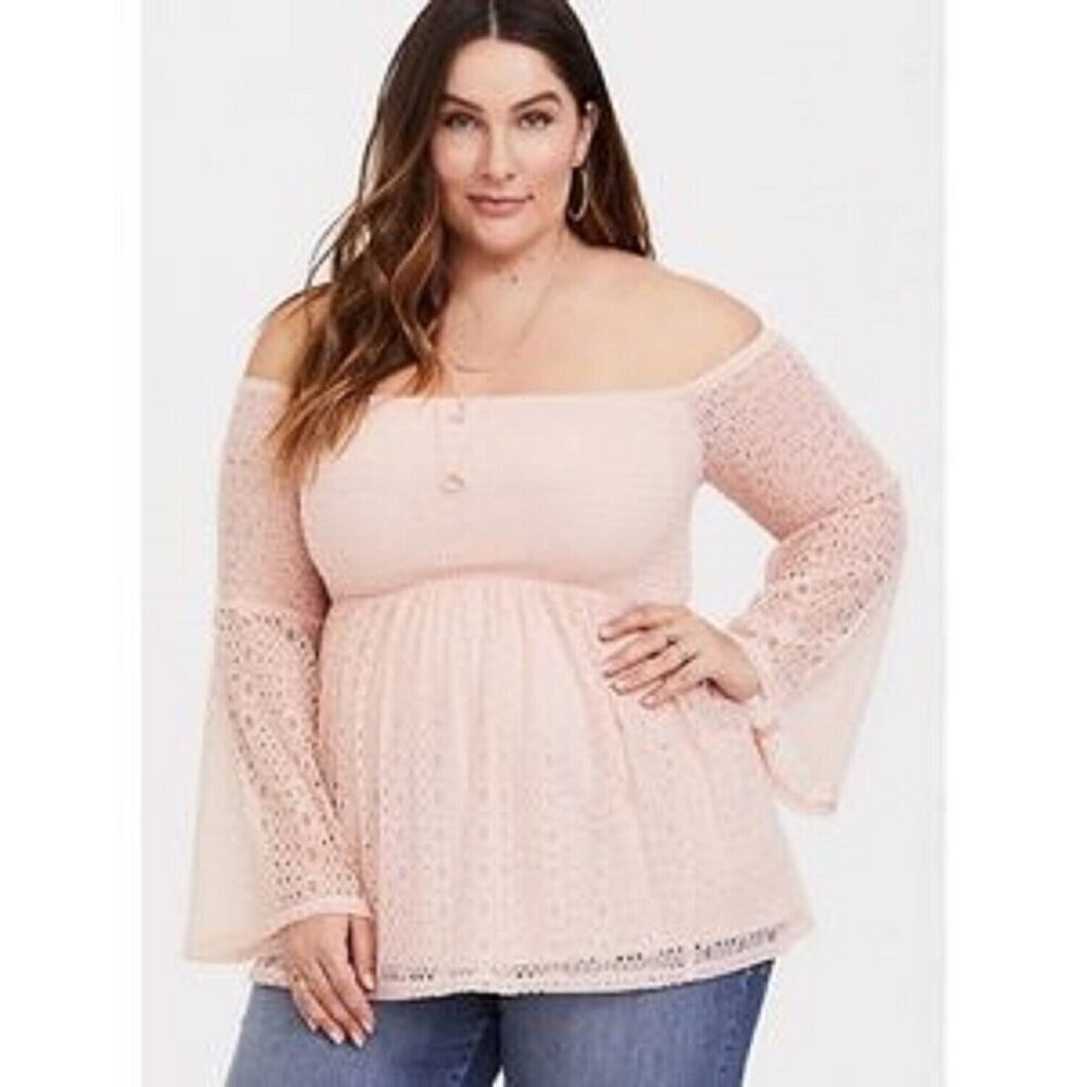 Torrid Lace Flair Sleeve Off Shoulder Blush Pink Smocked Top Women's size 2X